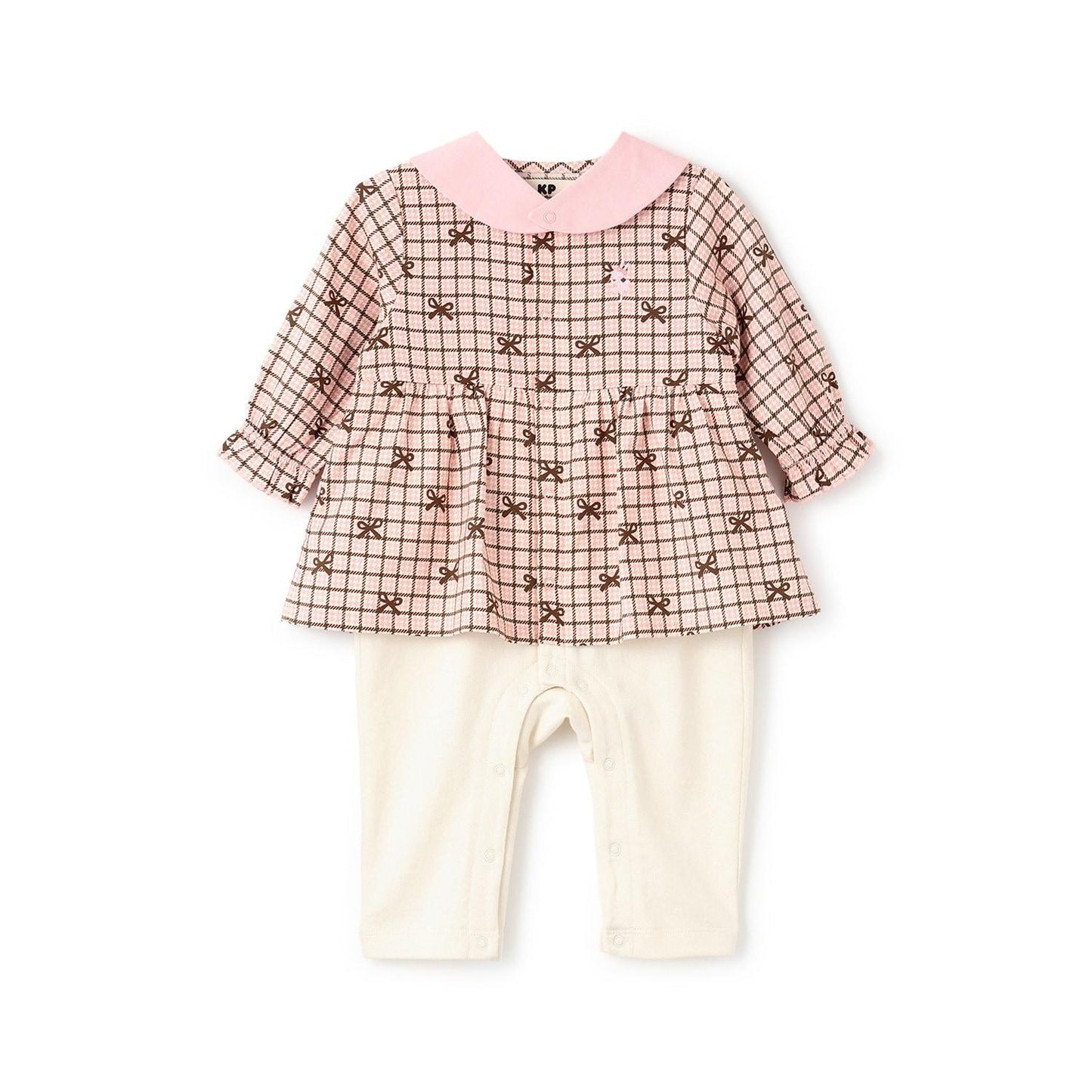 蝴蝶結格紋×天竺連體衣【可拆卸領】