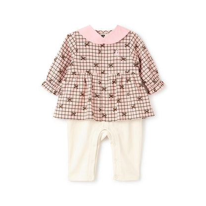 蝴蝶結格紋×天竺連體衣【可拆卸領】