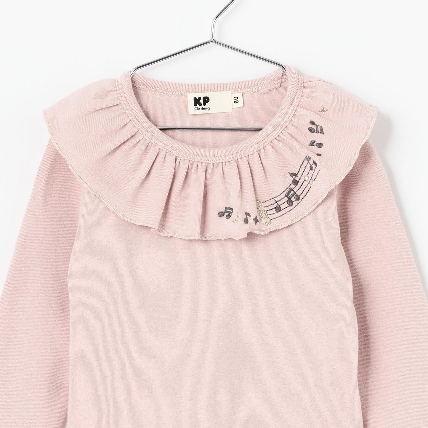 音符刺繡荷葉邊領微絨長袖T恤