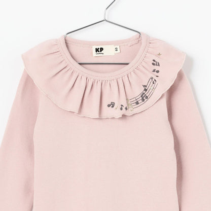 音符刺繡荷葉邊領微絨長袖T恤