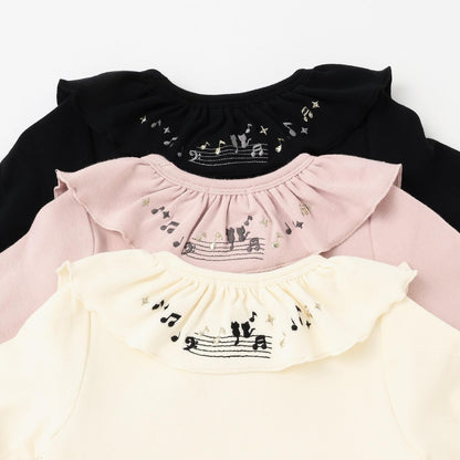 音符刺繡荷葉邊領微絨長袖T恤