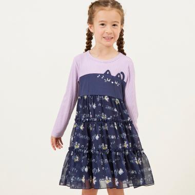 音符圖案雪紡層疊連衣裙