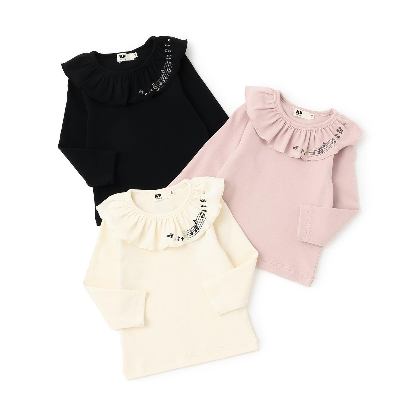 音符刺繡荷葉邊領微絨長袖T恤