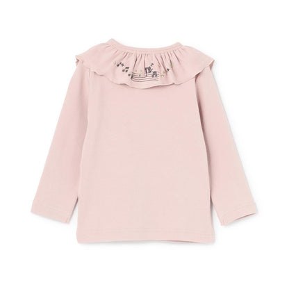 音符刺繡荷葉邊領微絨長袖T恤