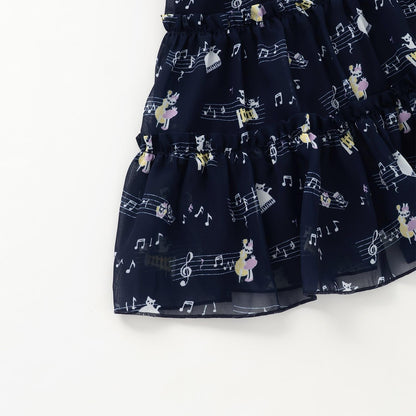 音符圖案雪紡層疊連衣裙