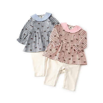 蝴蝶結格紋×天竺連體衣【可拆卸領】