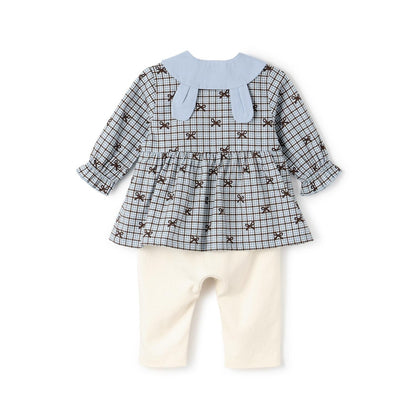 蝴蝶結格紋×天竺連體衣【可拆卸領】