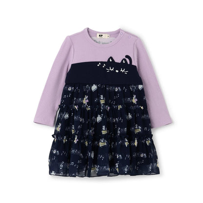 音符圖案雪紡層疊連衣裙