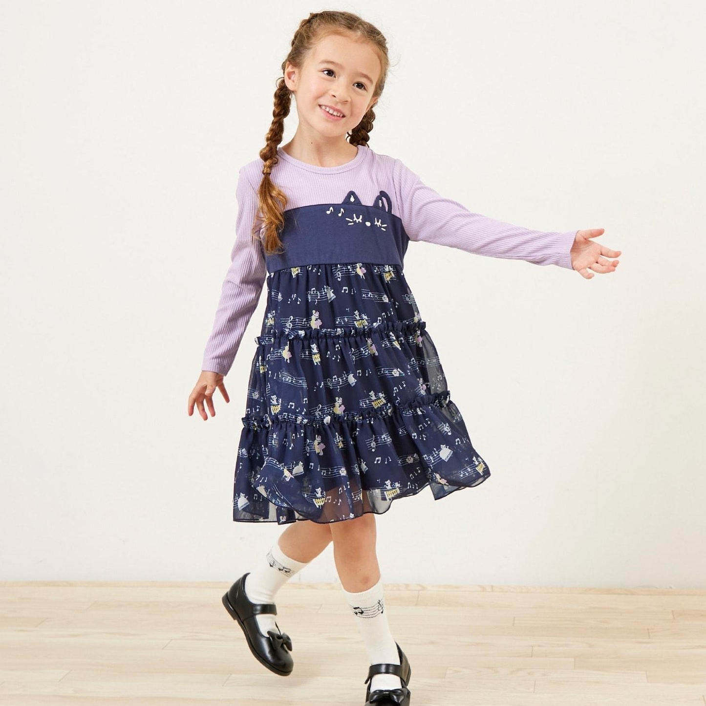 音符圖案雪紡層疊連衣裙