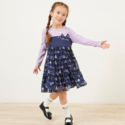 音符圖案雪紡層疊連衣裙