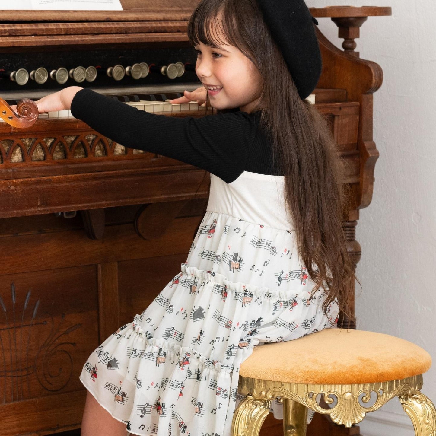 音符圖案雪紡層疊連衣裙