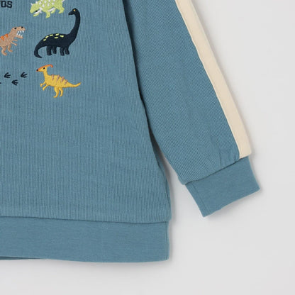 【人氣商品】【直營店無售】恐龍刺繡袖部條紋拼接長袖T恤