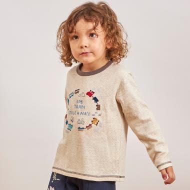 電車刺繡拼接長袖T恤