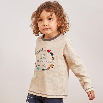 電車刺繡拼接長袖T恤