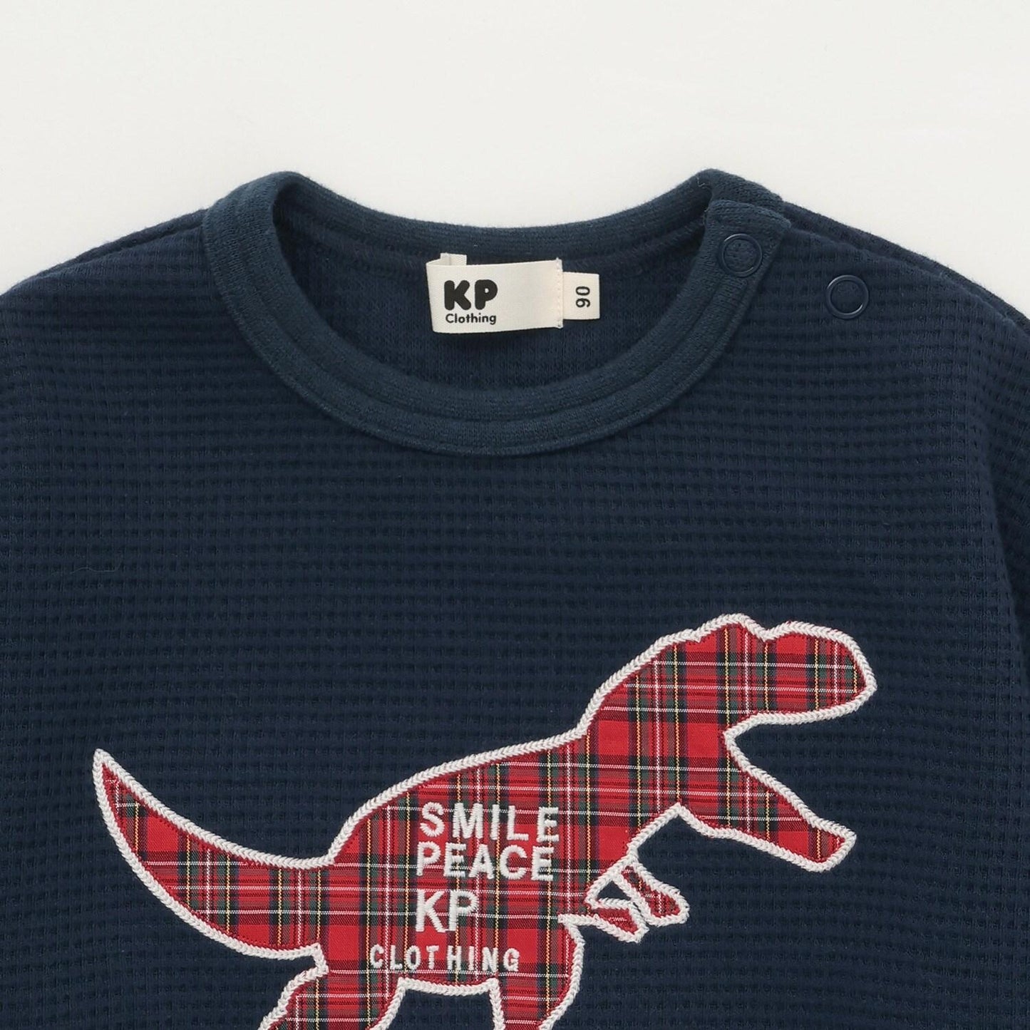 格紋恐龍貼布繡華夫格長袖T恤