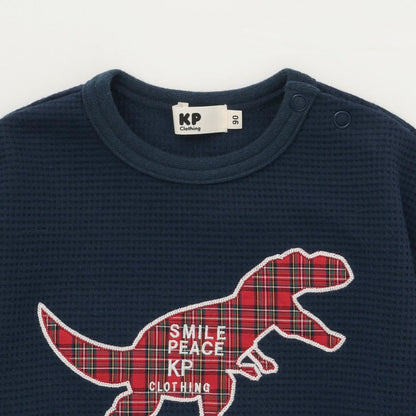 格紋恐龍貼布繡華夫格長袖T恤