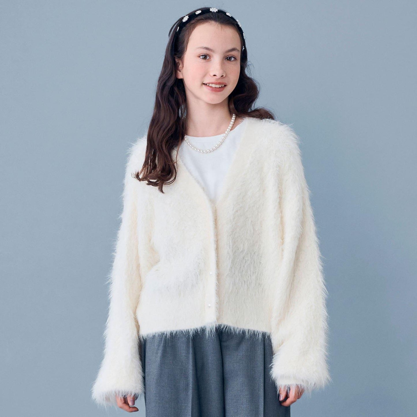 【AMI】長毛針織開衫×長袖T恤套裝