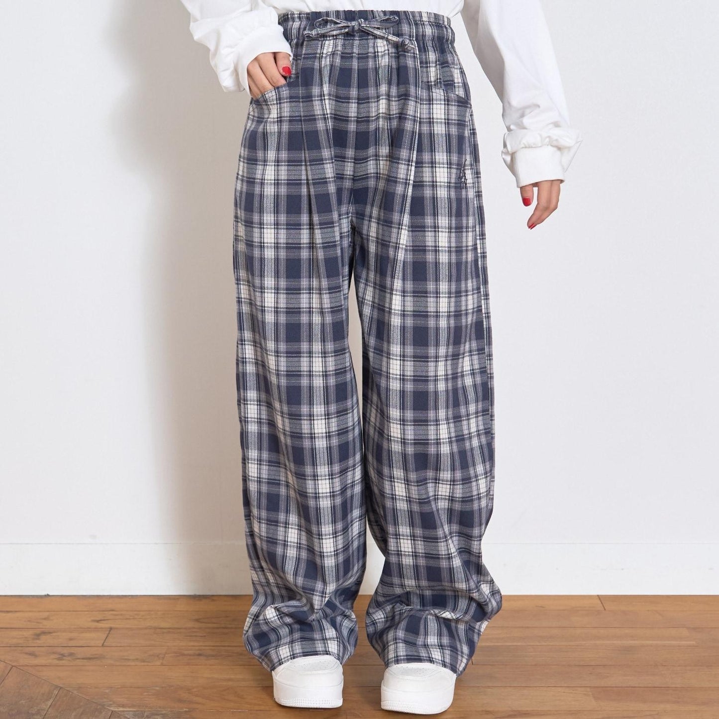 夏日感易穿格紋拉鍊褲