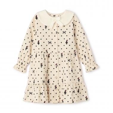 波點蝴蝶結圖案法蘭絨連衣裙【帶披肩】