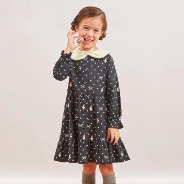 波點蝴蝶結圖案法蘭絨連衣裙【帶披肩】