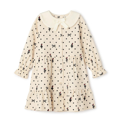 波點蝴蝶結圖案法蘭絨連衣裙【帶披肩】