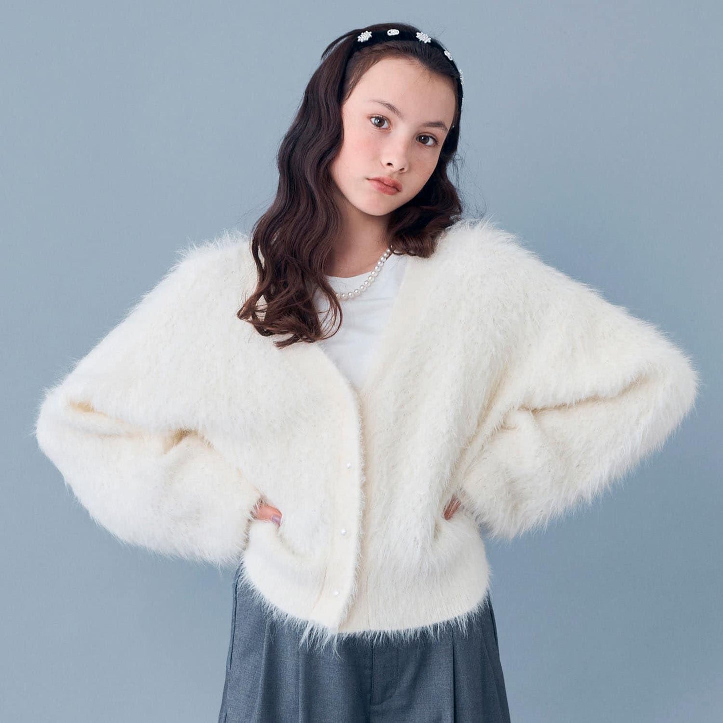 【AMI】長毛針織開衫×長袖T恤套裝