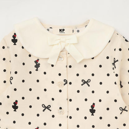 波點蝴蝶結圖案法蘭絨連衣裙【帶披肩】