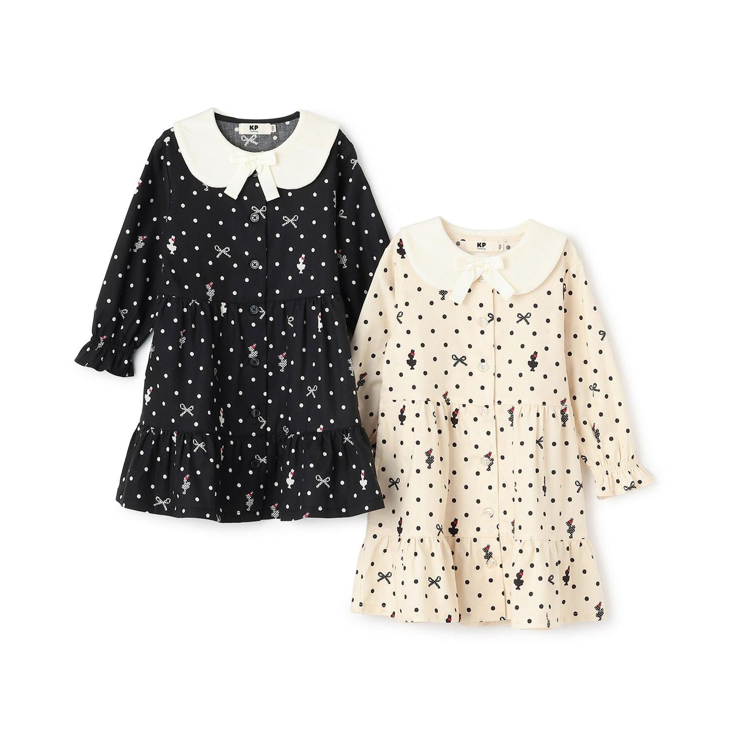 波點蝴蝶結圖案法蘭絨連衣裙【帶披肩】