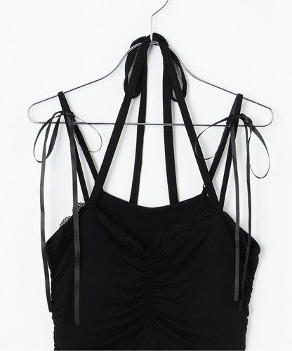 肩帶蝴蝶結褶皺吊帶背心【韓國時尚】