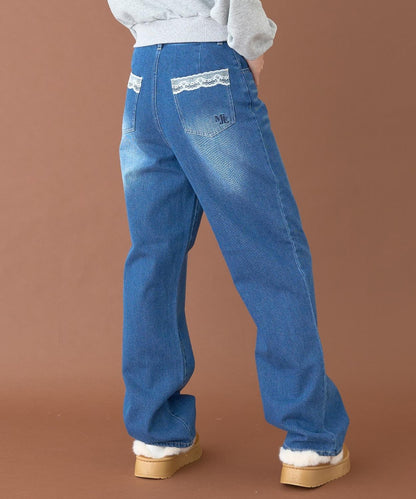 蕾絲口袋牛仔褲【韓國時尚】