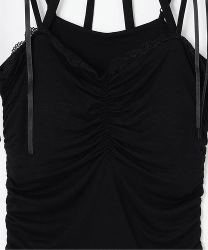 肩帶蝴蝶結褶皺吊帶背心【韓國時尚】