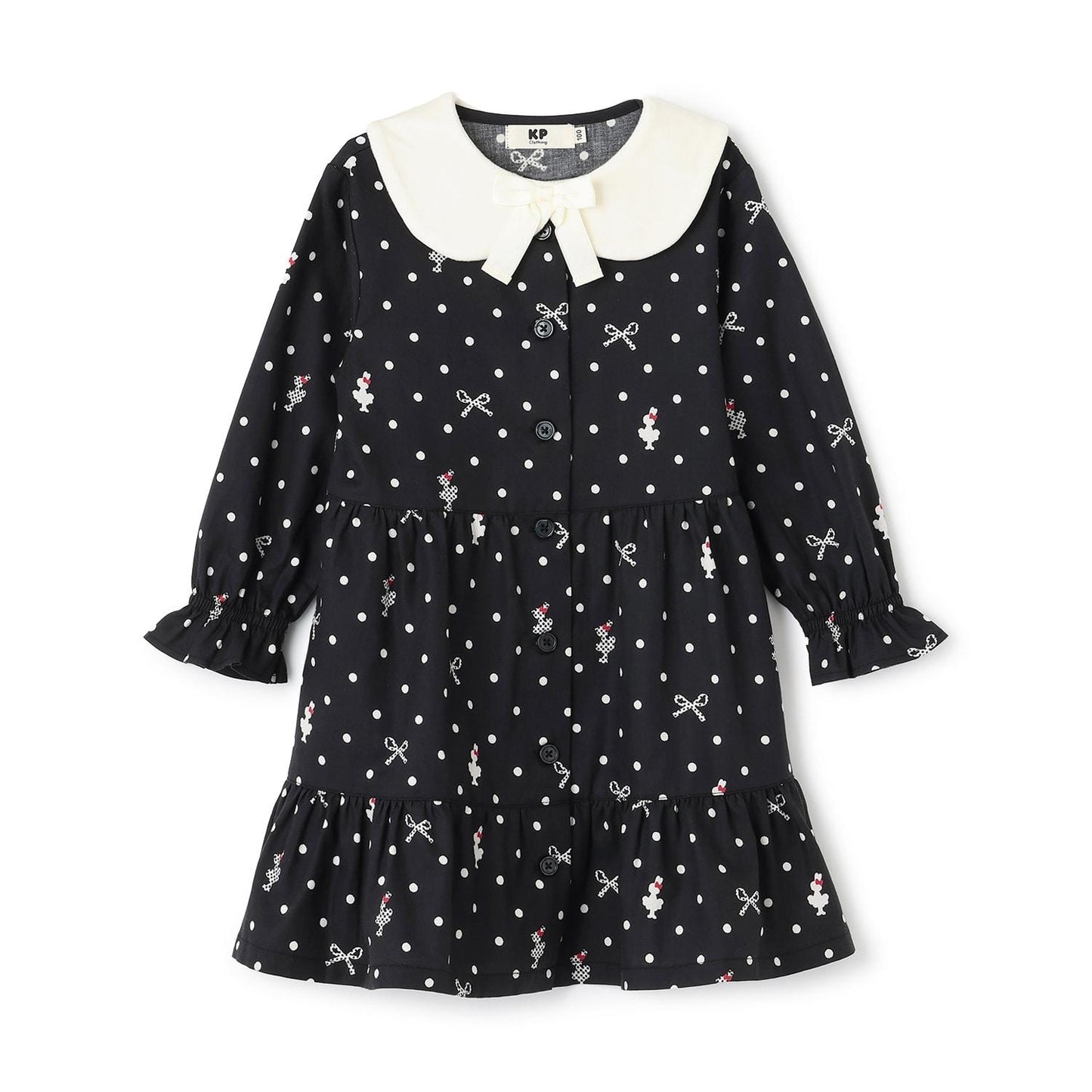 波點蝴蝶結圖案法蘭絨連衣裙【帶披肩】