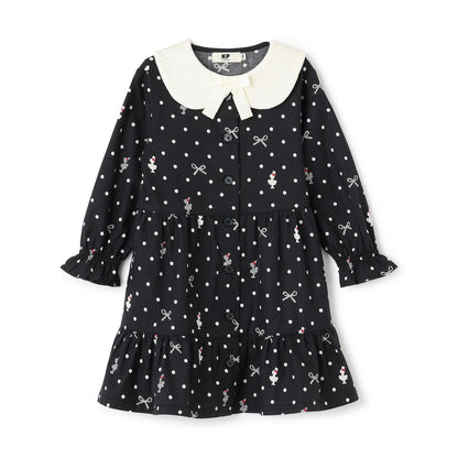 波點蝴蝶結圖案法蘭絨連衣裙【帶披肩】