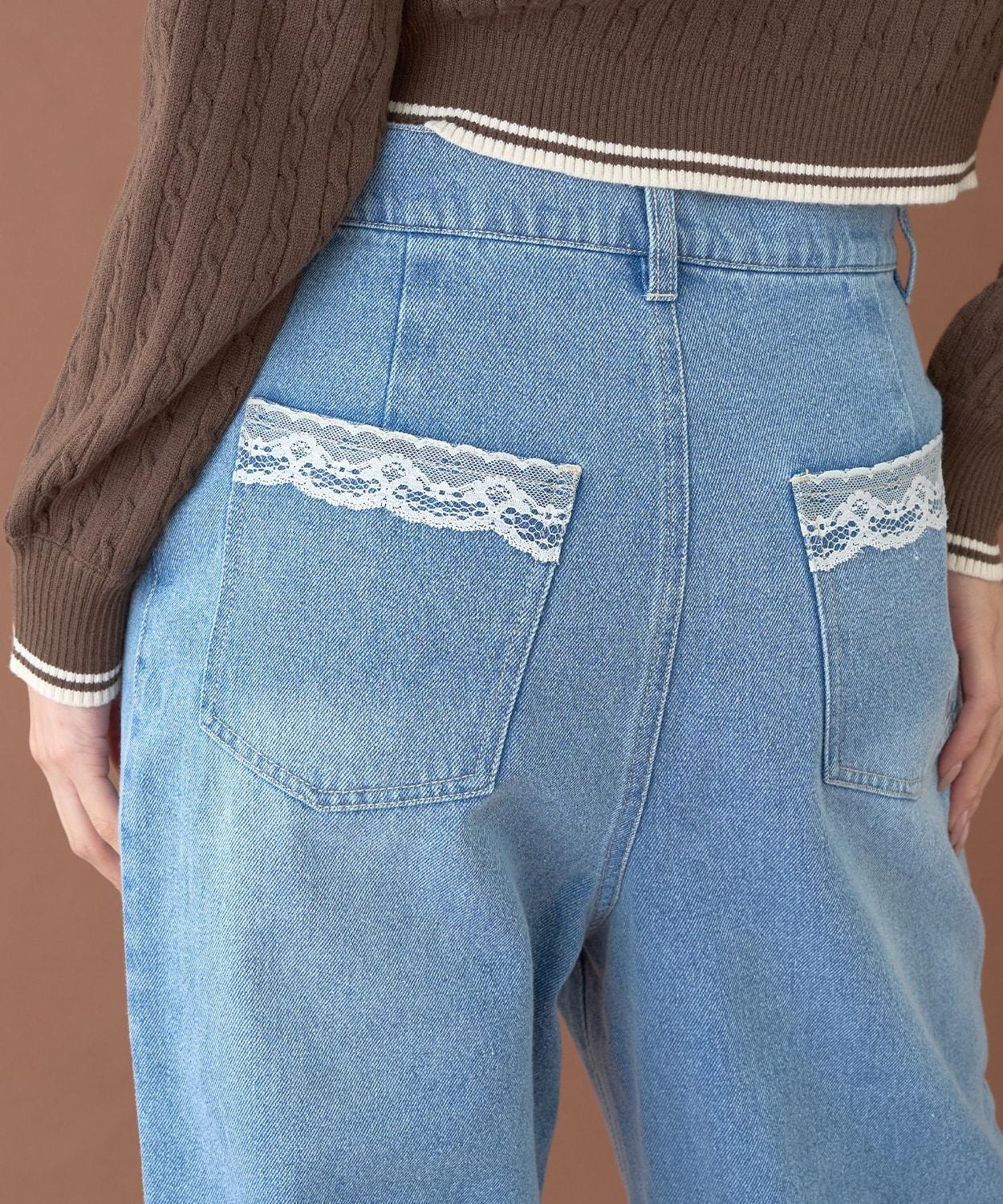 蕾絲口袋牛仔褲【韓國時尚】