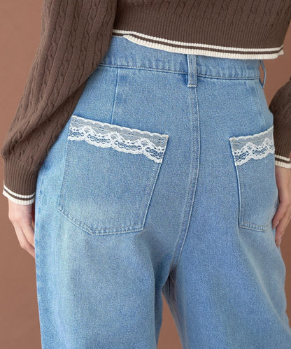蕾絲口袋牛仔褲【韓國時尚】