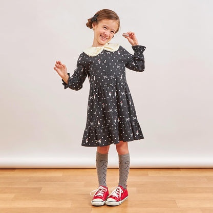 波點蝴蝶結圖案法蘭絨連衣裙【帶披肩】