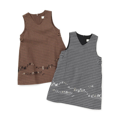 音符刺繡格紋連衣裙