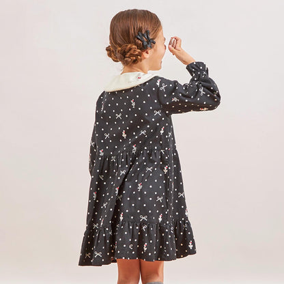 波點蝴蝶結圖案法蘭絨連衣裙【帶披肩】