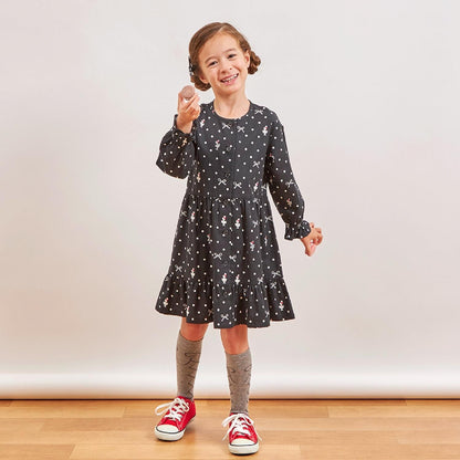 波點蝴蝶結圖案法蘭絨連衣裙【帶披肩】