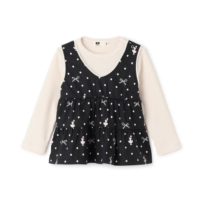 波點蝴蝶結圖案層疊風格長款上衣