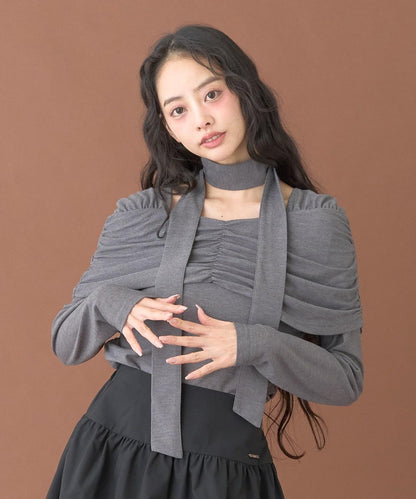 蝴蝶結褶皺一字肩上衣【韓國時尚】