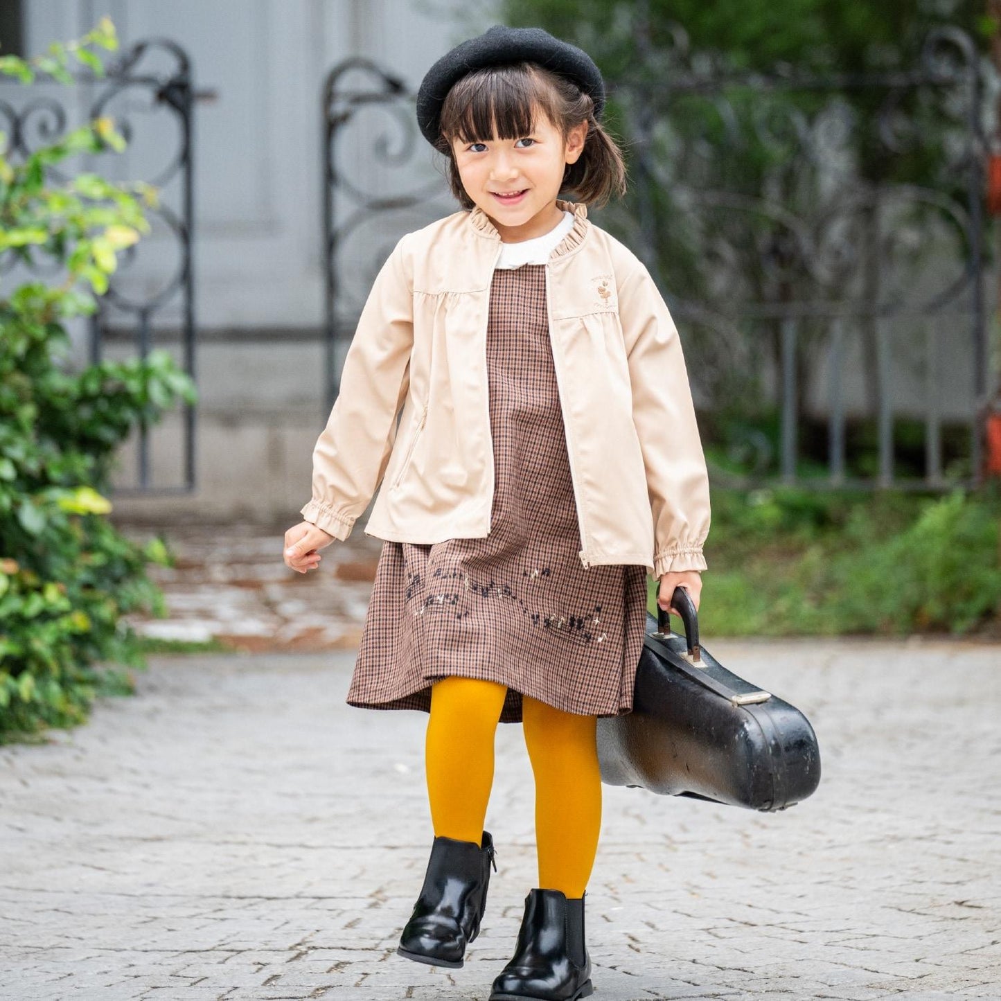 音符刺繡格紋連衣裙