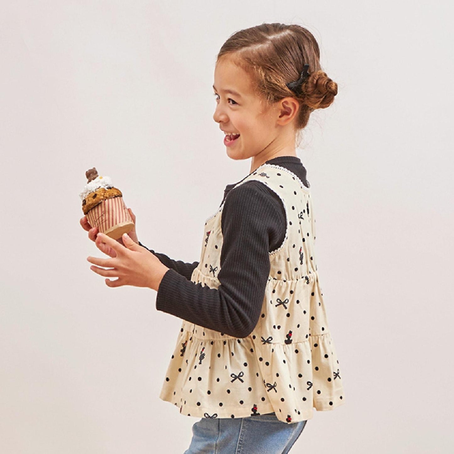 波點蝴蝶結圖案層疊風格長款上衣