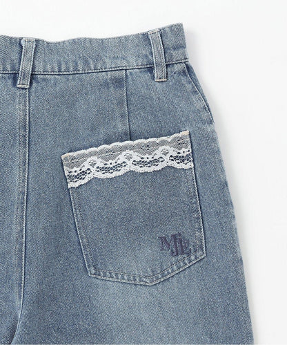 蕾絲口袋牛仔褲【韓國時尚】