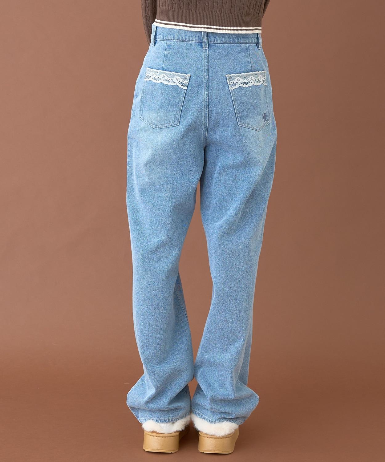 蕾絲口袋牛仔褲【韓國時尚】