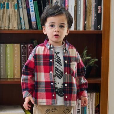 狼刺繡格紋長袖襯衫