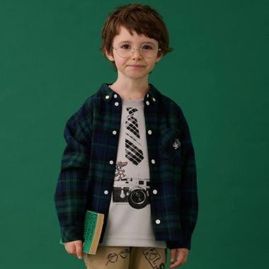 狼刺繡格紋長袖襯衫