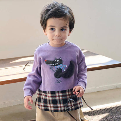 狼圖案拼接格子下襬衛衣