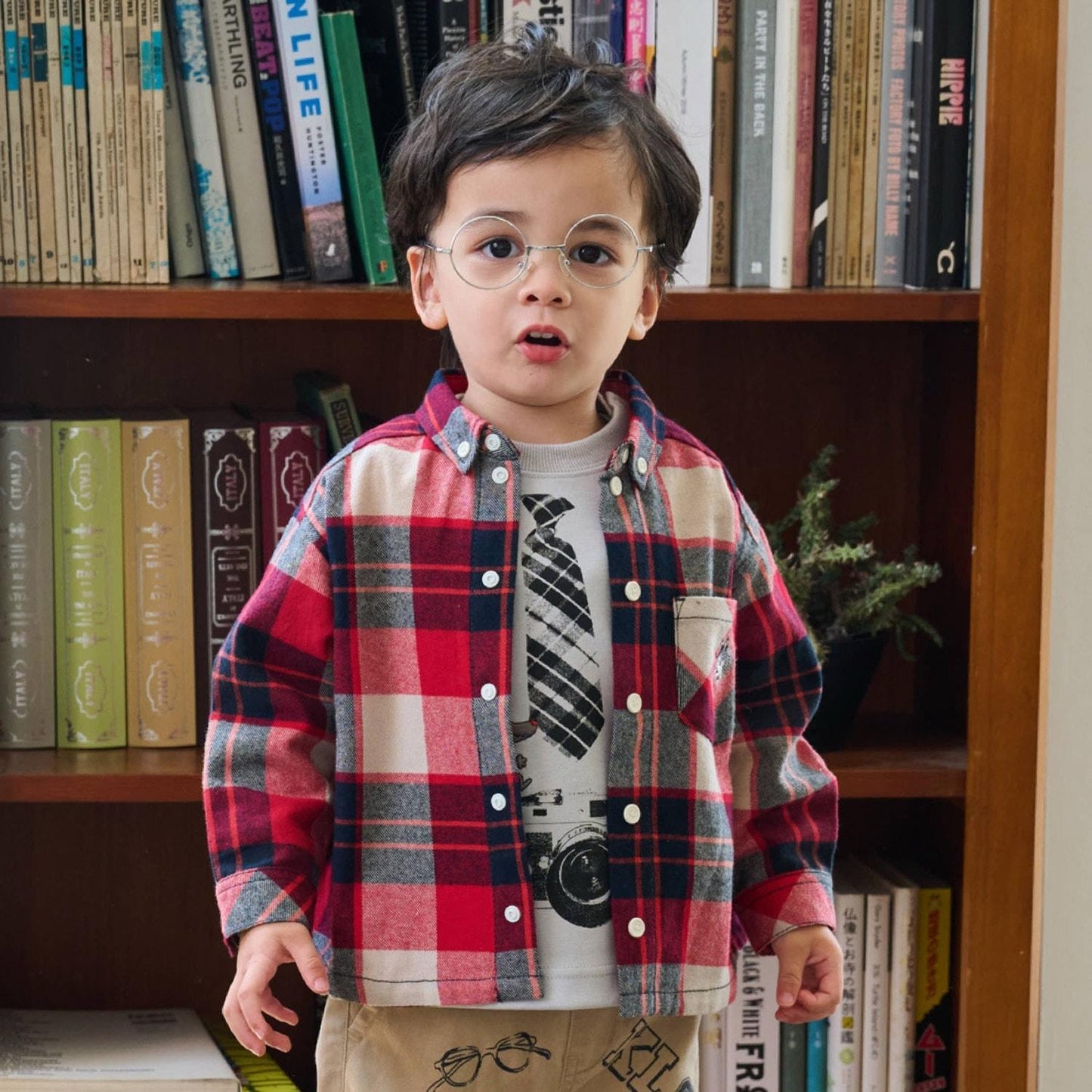 狼刺繡格紋長袖襯衫