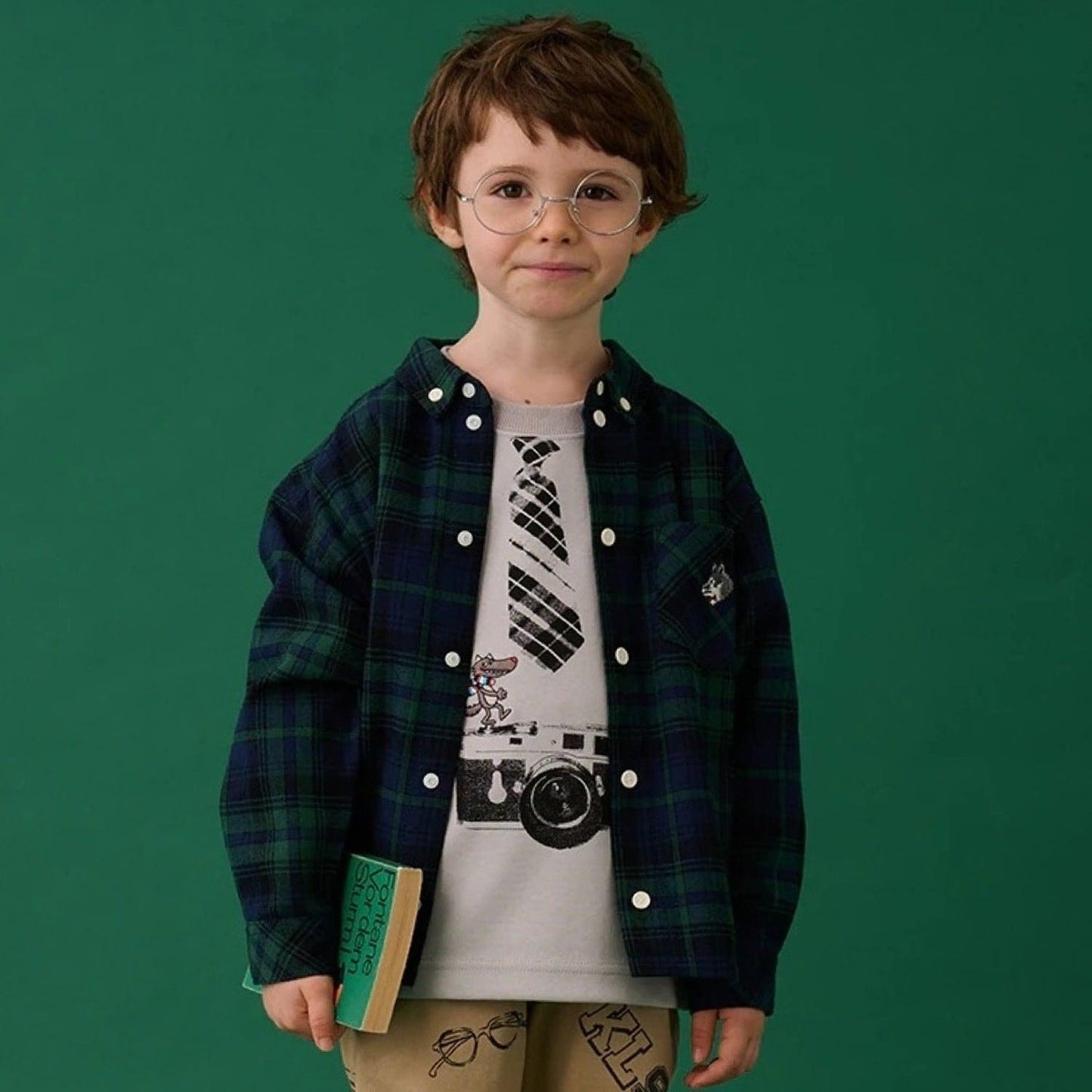 狼刺繡格紋長袖襯衫